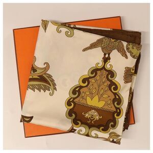 Hermes Carre 90 Cendrillon Silk Scarf. Brown, Gold, Green.